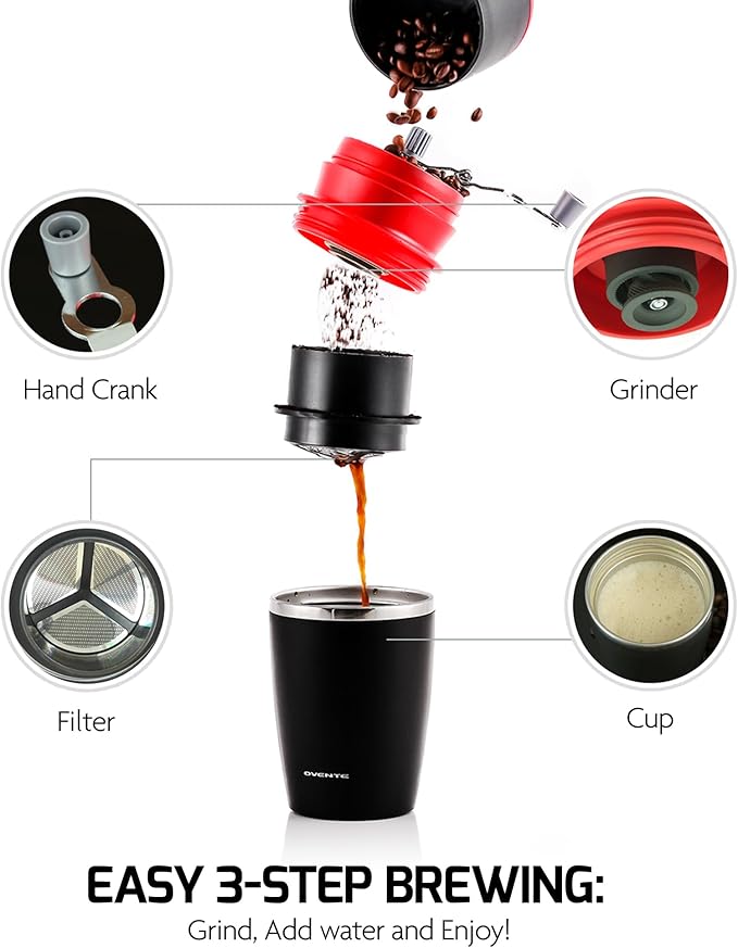 OVENTE Manual Coffee Grinder & Maker, Portable Hand Coffee Bean Mill with Ceramic Burr, Foldable Stainless Steel Grinding Handle & Filter Dripper, Outdoor Tumbler for Traveling or Camping, Red CMB281R