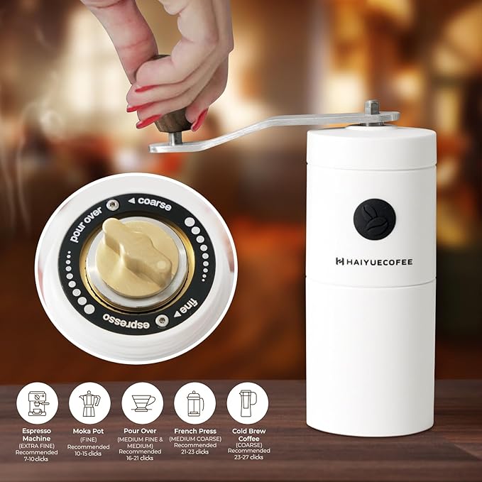 Manual Coffee Grinder - Hand Coffee Bean Grinder, Titanium-Coated Grinding Core - Aluminum Alloy Rocker with Ebony Wood Handle - Adjustable Grind Size - With Brush & Storage Bag (White)