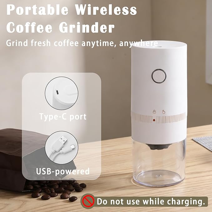 Coffee Grinder USB Rechargeable Electric Burr Coffee Grinder for Espresso, French Press, Travel, Camping (White)