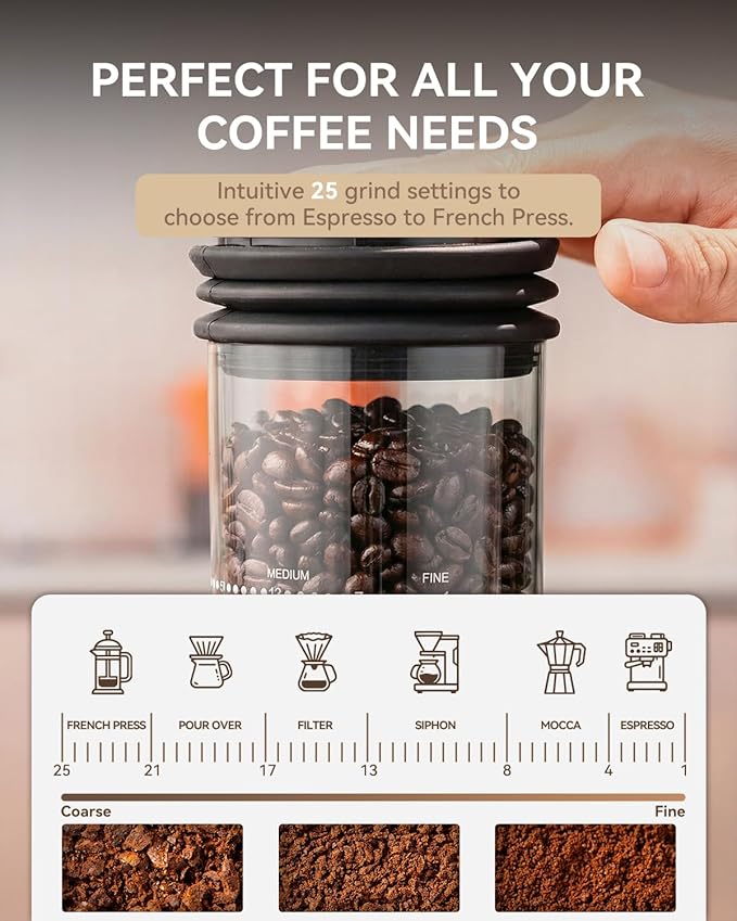 Onical Burr Coffee Grinder, Stainless Steel, 25 Grind Settings, Touchscreen, Anti-static, 1-12 Cup Capacity For Espresso, French Press & Drip Coffee(Black)