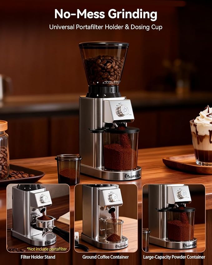IAGREEA Coffee Grinder with Anti Static, Burr Coffee Bean Grinder for Home Use with 48 Precise Grind Settings, Detachable Funnel Stand for Espresso/Drip/Cold Brew/French Press, Stainless Steel