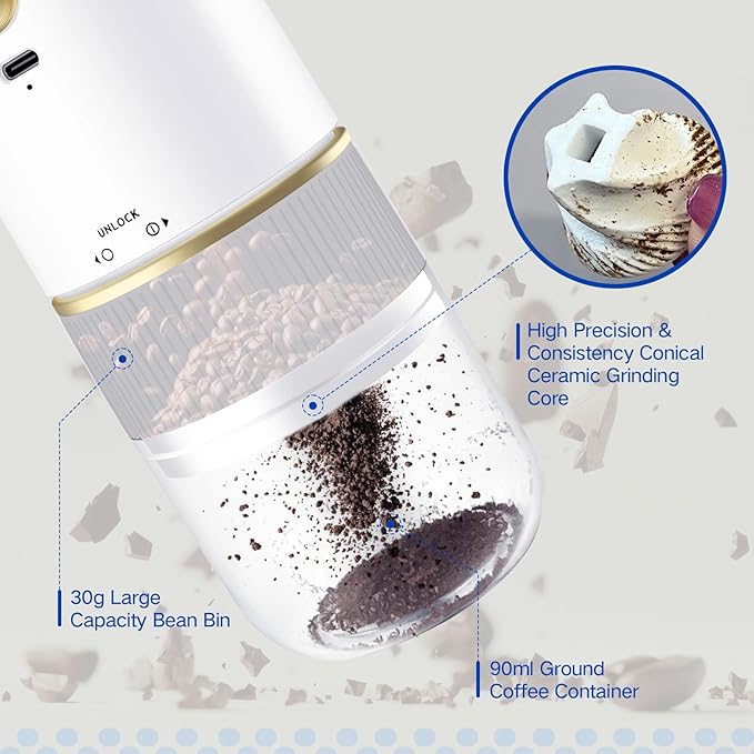 Portable Burr Coffee Grinder, Rechargeable Electric Coffee Bean Grinder with Adjustable Coarseness, Cordless Small Espresso Coffee Mill for Home Use, Travel, Camping, Office (White)