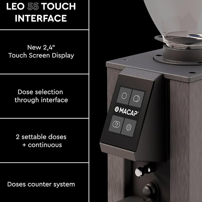 LEO 55 Touch Burr Coffee Grinder, Satin Black – 55mm Flat Burrs, Compact & Quiet, Stepless Micrometric Adjustment, Precision Grinding, Home Espresso Machine Compatible, Touch Screen