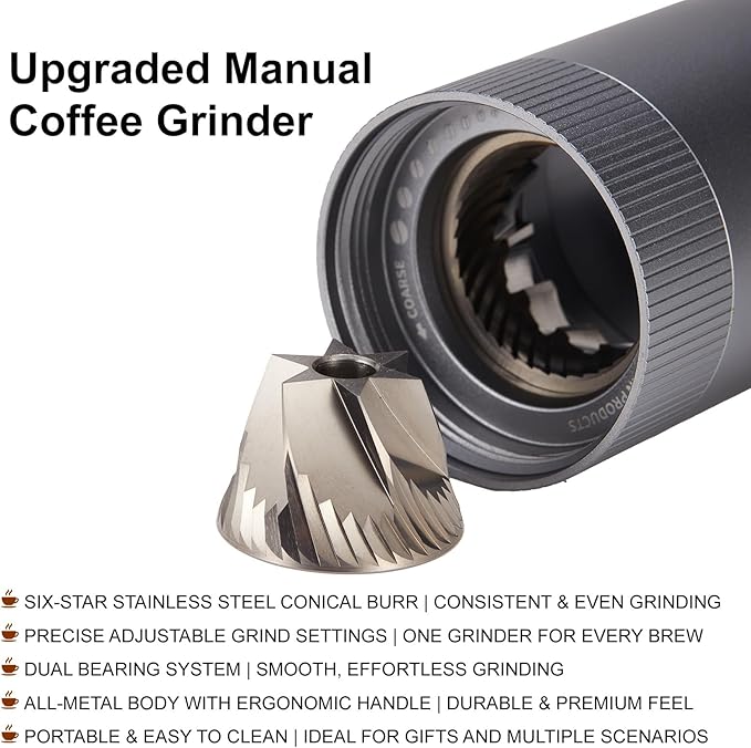 Novaα Manual Coffee Grinder,CNC Stainless Steel Hexagonal-star Conical Burr Coffee Grinder,Internal Adjustable Setting,Lightweight Grinder Setting For Camping/Travel/Home,Champagne