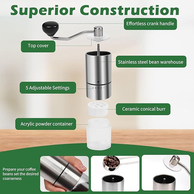 Manual Coffee Grinder With Ceramics Burr for Espresso,French Press,5 Adjustable Settings,Hand Coffee Grinder,For Home Use and Camping Travel,Coffee Bean Grinders With Hand Crank (Silvery)