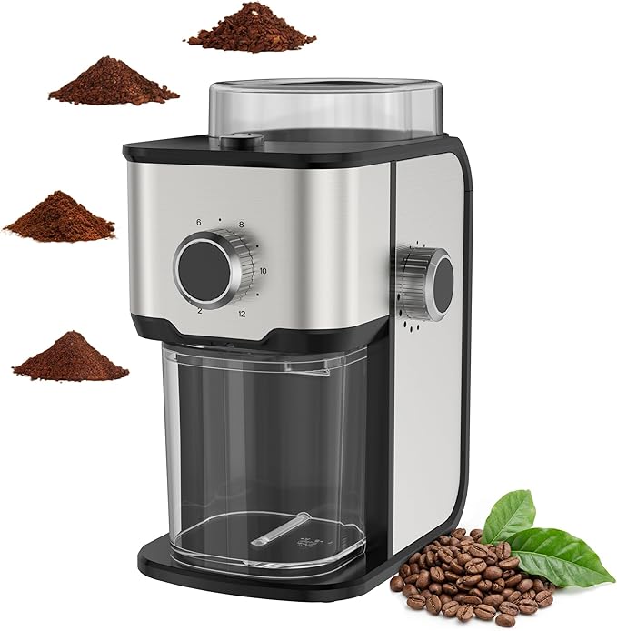 Burr Coffee Grinder Electric, Adjustable Flat Burr Coffee Grinder, Coffee Beans Grinder for Home Use, Compact with 14 Grind Sizes for Home & Office