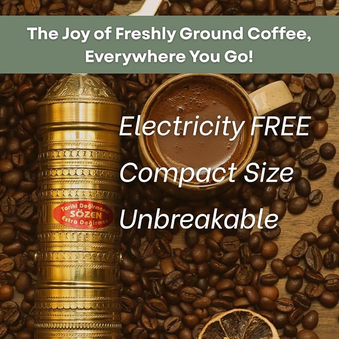 Sozen Hammered 9" Manual Coffee Grinder Brass – Hand Crank Burr Mill for Turkish Coffee, French Press, Espresso, Camping & Home Use – Portable Coffee Bean Grinder, Adjustable Conical Grinder