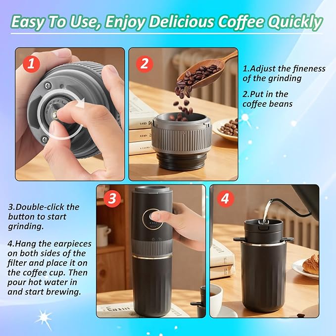 Portable Electric Burr Coffee Grinder and Brewing Combo - Rechargeable with Conical Mill & Insulated Stainless Steel Cup for Camping, Travel, Office and Outdoor Use (black)