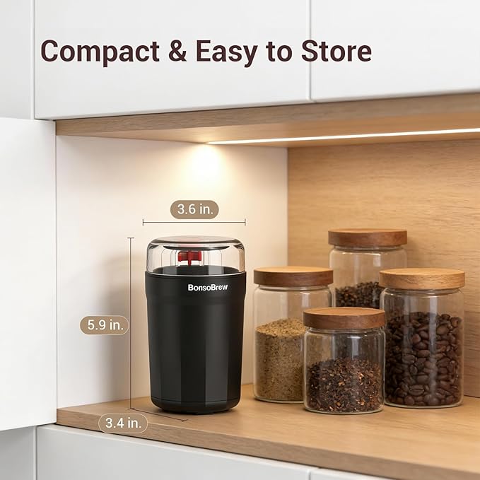 Electric Coffee Grinder, 180W Coffee and Spice Grinder for Coffee Beans, Herbs, Grains, Seeds - One Touch Safety Lid with Stainless Steel Blades - 2.5oz Capacity Includes Cleaning Brush