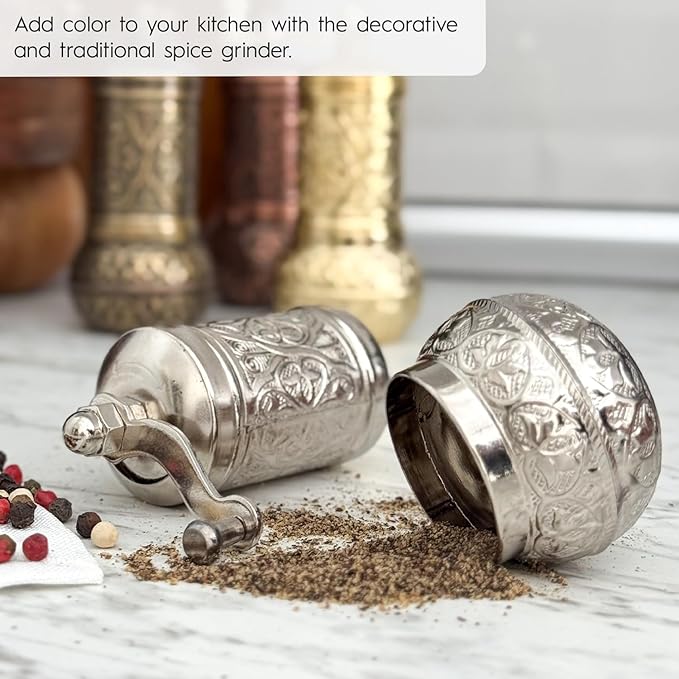 Handmade Decorative Black Pepper Grinder, Refillable Turkish Spice Mill Manual Pepper Mill with Handle, Spice Grinder Metal with Hand Crank 11 cm-4.3 inch (Silver)