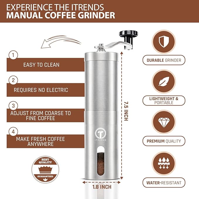 Manual Coffee Grinder by iTrends – Stainless Steel Manual Coffee Bean Grinder, Manual Burr Hand Crank Coffee Grinder with Adjustable Settings for Espresso to Coarse Coffee. Perfect Coffee Lovers Gift.