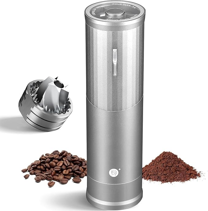 Electric Coffee Grinders, Portable Burr Grinder Capacity 50g w/Magnetic Cover,External Adjustable Setting, Aluminum Alloy Body, 800mAh Battery(Stand not Included) (Silver)
