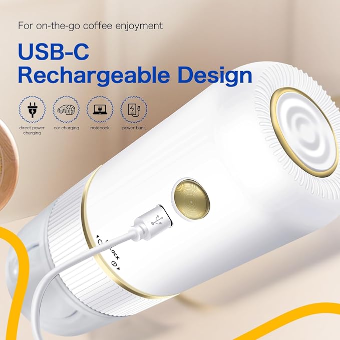Portable Burr Coffee Grinder, Rechargeable Electric Coffee Bean Grinder with Adjustable Coarseness, Cordless Small Espresso Coffee Mill for Home Use, Travel, Camping, Office (White)