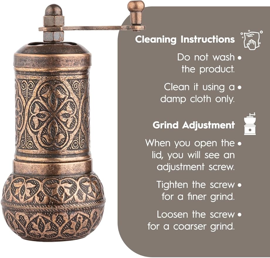 Handmade Decorative Black Pepper Grinder, Refillable Turkish Spice Mill Manual Pepper Mill with Handle, Spice Grinder Metal with Hand Crank 11 cm-4.3 inch