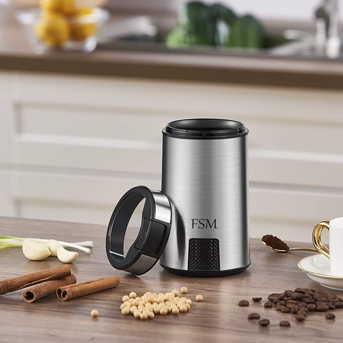 FSM Electric Coffee Grinder and Spice Mill with Safety Lock System – Rustproof Stainless Steel with Transparent Lid and Gripping Base – Grind Whole Beans, Seeds, Nuts, Herbs and Flaxseed -1.76 Oz.
