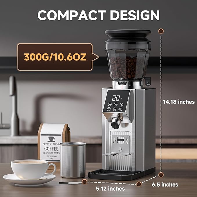 Burr Coffee Bean Grinder for Home Use with 40 Precise Grinding Settings, Espresso Grinder with Height Adjustable Funnel Stand, LED Touch Panel, Anti-static Design, Micro Switch User Friendly