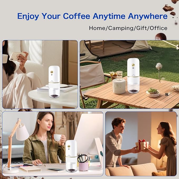Portable Burr Coffee Grinder, Rechargeable Electric Coffee Bean Grinder with Adjustable Coarseness, Cordless Small Espresso Coffee Mill for Home Use, Travel, Camping, Office (White)
