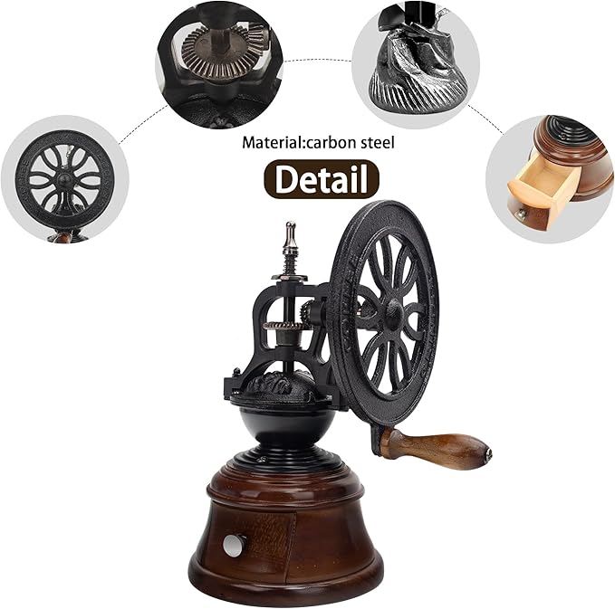 Vintage Manual Coffee Grinder, Cast Iron and Wood Construction, Adjustable Burr Mill with Collection Box, Black and Brown, 10.63x5.75 Inch