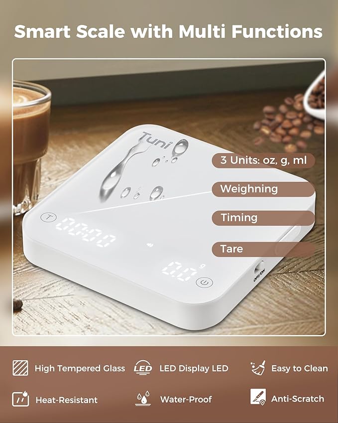 Tuni G2 Ivory Conical Burr Coffee Grinder with White Digital Coffee Scale, 70 Grind Settings Anti-static Coffee Bean Grinder for Espresso/Drip/Cold Brew/French Press