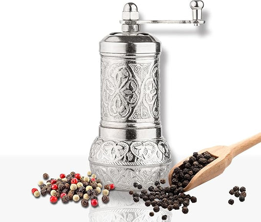 Handmade Decorative Black Pepper Grinder, Refillable Turkish Spice Mill Manual Pepper Mill with Handle, Spice Grinder Metal with Hand Crank 11 cm-4.3 inch (Silver)
