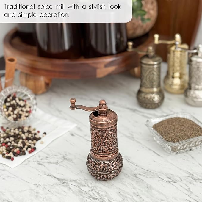 Handmade Decorative Black Pepper Grinder, Refillable Turkish Spice Mill Manual Pepper Mill with Handle, Spice Grinder Metal with Hand Crank 11 cm-4.3 inch