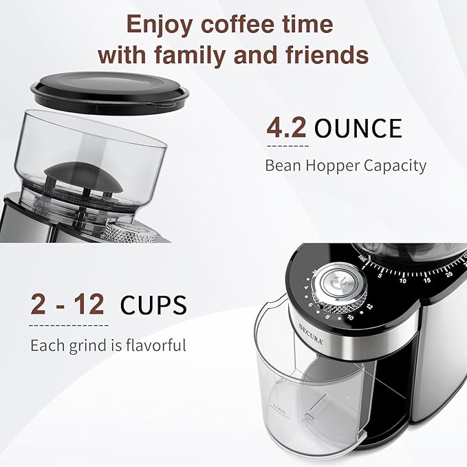 Secura Conical Burr Coffee Grinder Electric Coffee Grinder with 25 Precise Grind Settings, 2-12 Cups