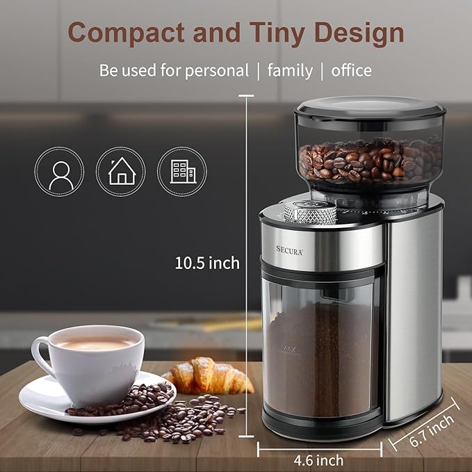 Secura Conical Burr Coffee Grinder Electric Coffee Grinder with 25 Precise Grind Settings, 2-12 Cups
