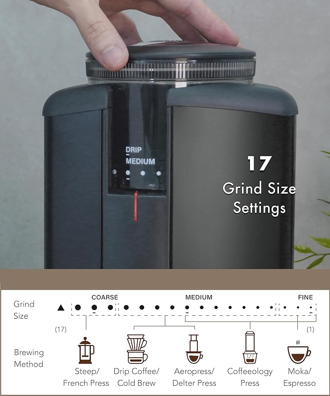 PALICO Aroma Coffee Grinder - 48mm Stainless Steel Conical Burrs, 17 micro-adjustable grind settings, 250g Bean Hopper Capacity, removable burrs & hopper, low RPM motor (Matt Black)