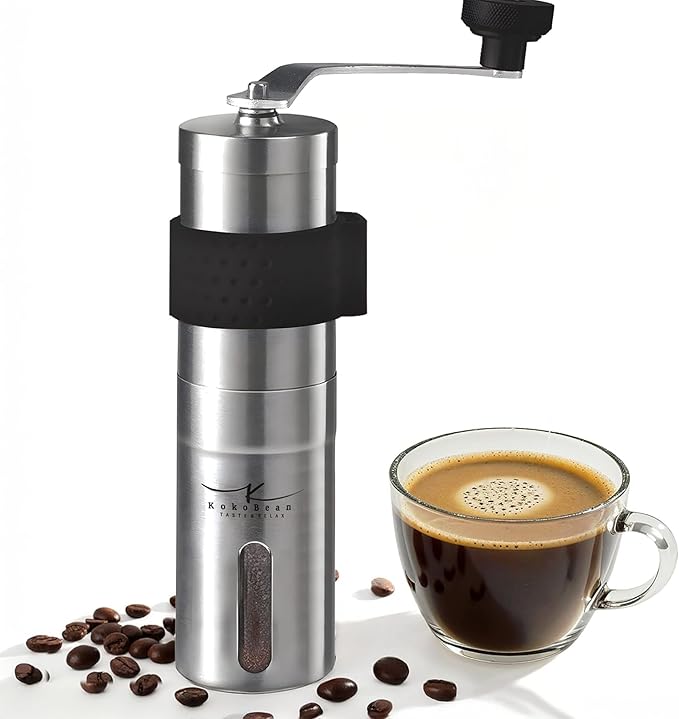 Manual Coffee Grinder - 18 Adjustable Settings, Stainless Steel Conical Burr Coffee Bean Grinder, Portable, Durable & Travel Friendly - With Silicone Sleeve by KOKOBEAN