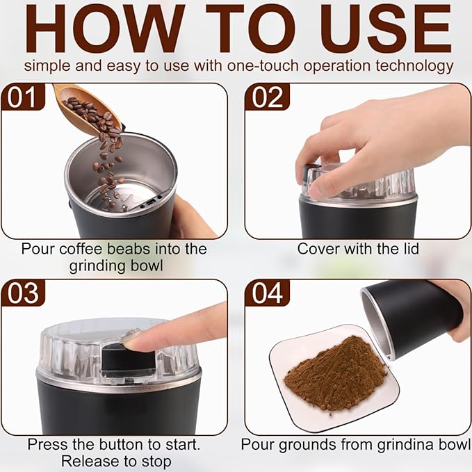 Electric Coffee Bean Grinder, Coffee Spice Grinder, 300W Nut Electric Grinders with 304 Stainless Steel Blades, One Touch Operation for Coffees Mill Home Use or Kitchen (Blue)