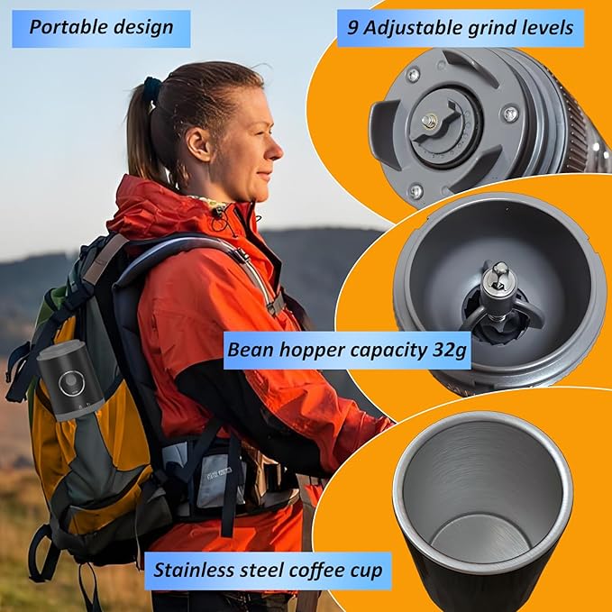Portable All-in-one Electric Burr Coffee Grinder and Brewing Kit, Rechargeable with Conical Mill & Insulated Stainless Steel Cup, for Camping, Travel, Office, Home Use (Black)
