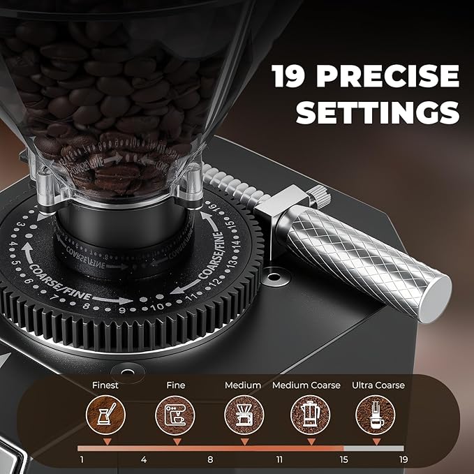 Electric Coffee Grinder Commercial, Stainless Steel Flat Burr, Touch Screen with 19 Adjustable Settings, 28oz Large Hopper for Espresso, Black