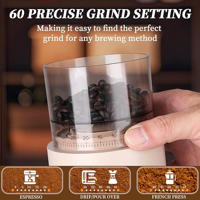 Mongdio Electric Burr Coffee Grinder, Single Dose Burr Coffee Grinder, With 60-Step Grind Settings and 2600mAh Battery, For Drip, French Press, Espresso Moka Pots, White