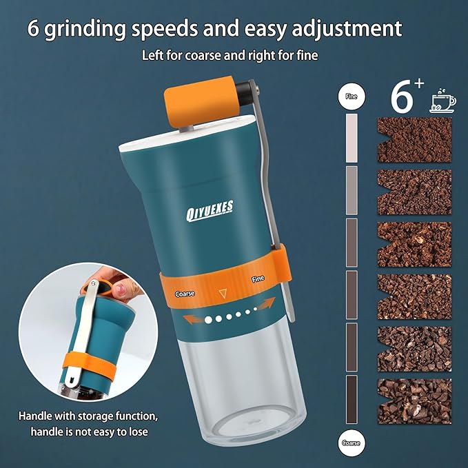 Portable Manual Coffee Grinder with Conical Burr and Adjustable 6 Coarseness Settings, Hand Crank Bean Mill for Camping, Hiking and Travel Use