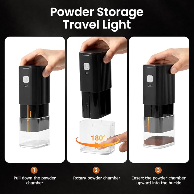 VEVOK CHEF Portable Electric Coffee Grinder,Adjustable Stainless Steel Burr Coffee Bean Mill,One-Button Grinder with USB Rechargeable,Auto‑Stop for Espresso to French Press,for Outdoor Use(Black)