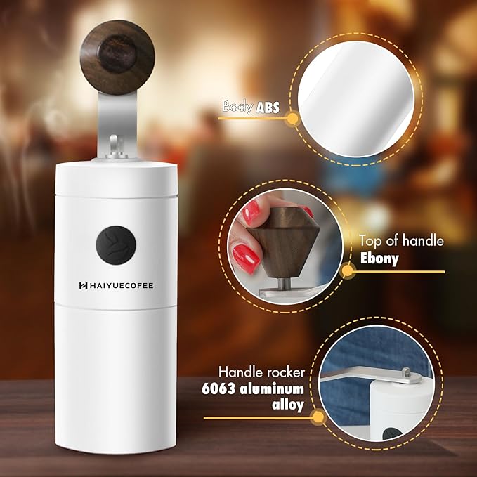 Manual Coffee Grinder - Hand Coffee Bean Grinder, Titanium-Coated Grinding Core - Aluminum Alloy Rocker with Ebony Wood Handle - Adjustable Grind Size - With Brush & Storage Bag (White)