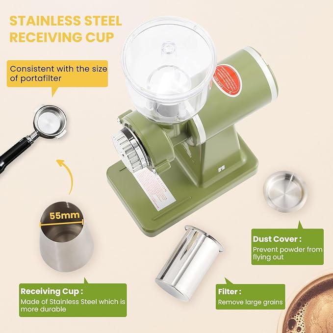 Electric Coffee Grinder Burr Espresso Coffee Bean Grinder Small Automatic Stainless Steel Coffee Mill With Brush, Pea Green