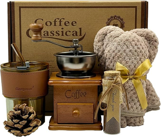 Coffee Gift Basket, Birthday Gifts for Women, Vintage Decorations with Manual Bean Grinder, Coffee Lover Gifts Set, Ideal Gift for Her, Him, Friends (Brown)
