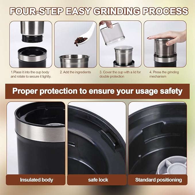 Spice Grinder, 200W Powerful Electric Coffee Bean Grinder with 2 Removable Stainless Steel Bowls, 100g Capacity Large Capacity for Coffee Bean Spices and Seeds