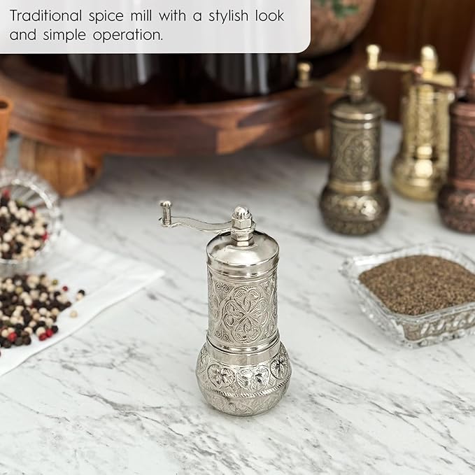 Handmade Decorative Black Pepper Grinder, Refillable Turkish Spice Mill Manual Pepper Mill with Handle, Spice Grinder Metal with Hand Crank 11 cm-4.3 inch (Silver)
