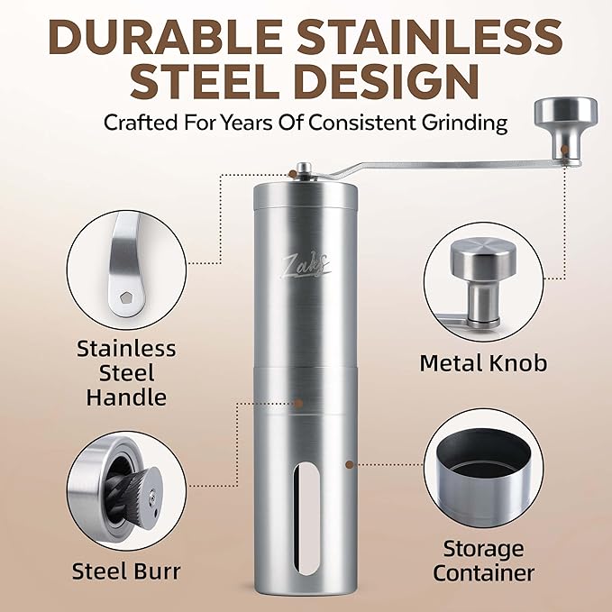 ZaksCoffee Manual Coffee Grinder Stainless Steel Core – Hand Coffee Grinder with 11 Adjustable Settings, Durable Handle and Knob, Portable and Quiet Design for Travel or Home Brewing