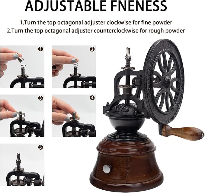Vintage Manual Coffee Grinder, Cast Iron and Wood Construction, Adjustable Burr Mill with Collection Box, Black and Brown, 10.63x5.75 Inch