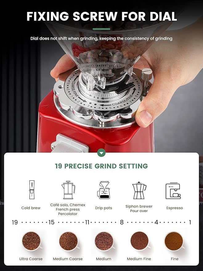 Huanyu Coffee Grinder Electric Adjustable Flat Burr Mill with 19 Precise Grind Setting 35OZ 36Cups Coffee Bean Grinding Machine Upgrade Automatic Point-action for Espresso French Press Red