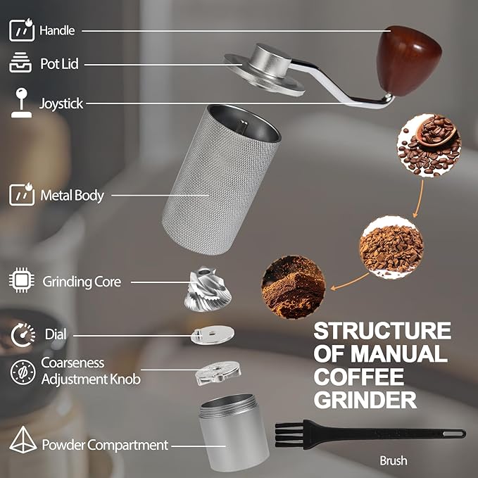Non-Detachable Manual Coffee Grinder with 25 Level Stainless Steel Conical Burr Portable Aluminum Coffee Bean Grinder Suitable for Moka Pot Espresso French Press Pour Over Easy Cleaning with Brush