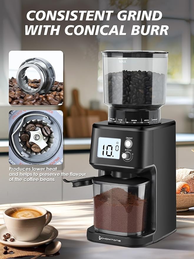Homtone Conical Burr Espresso Coffee Grinder, 51 Precise Settings, Electric Mill with Portafilter Holder, 2-12 Cups Adjustable, Anti-static, Stainless Steel, 120V