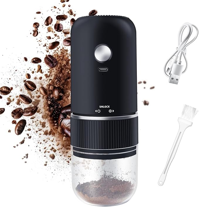 Portable Burr Coffee Grinder, Rechargeable Electric Coffee Bean Grinder with Adjustable Coarseness, Cordless Small Espresso Coffee Mill for Home Use, Travel, Camping, Office (Black)