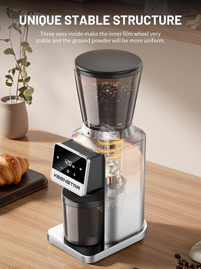 Keenstar Conical Burr Coffee Grinder, Coffee Bean Grinder with 34 Grind Settings for Home Use, Precision Timer, Touchscreen, Anti-static, Stainless Steel
