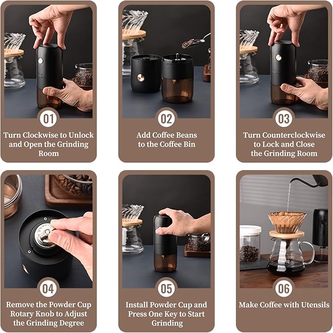 Portable Electric Burr Coffee Grinder by ELMWAY - Rechargeable Mini Coffee Grinder with Stainless Steel Burr & Internal Coarseness Adjustment, Compact for Travel & Home Use - Black