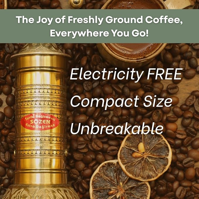 Sozen 7.6" Hammered Manual Coffee Grinder Brass – Hand Crank Burr Mill for Turkish Coffee, French Press, Espresso, Camping & Home Use – Portable Coffee Bean Grinder, Adjustable Conical Grinder