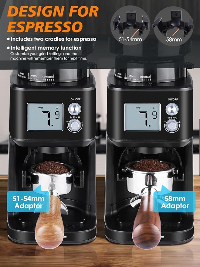 Homtone Conical Burr Espresso Coffee Grinder, 51 Precise Settings, Electric Mill with Portafilter Holder, 2-12 Cups Adjustable, Anti-static, Stainless Steel, 120V